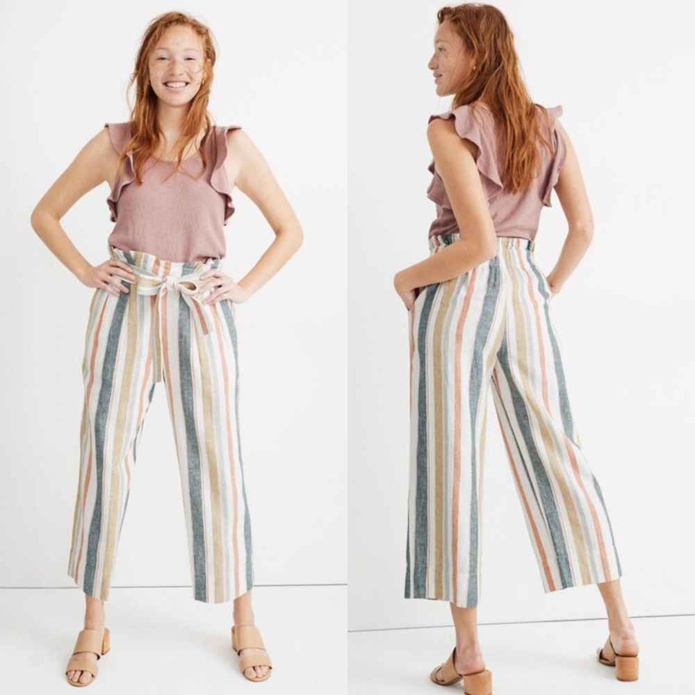 MADEWELL Tie Waist Huston Pull On Crop Pants In New March Stripe Rusted Tin M.